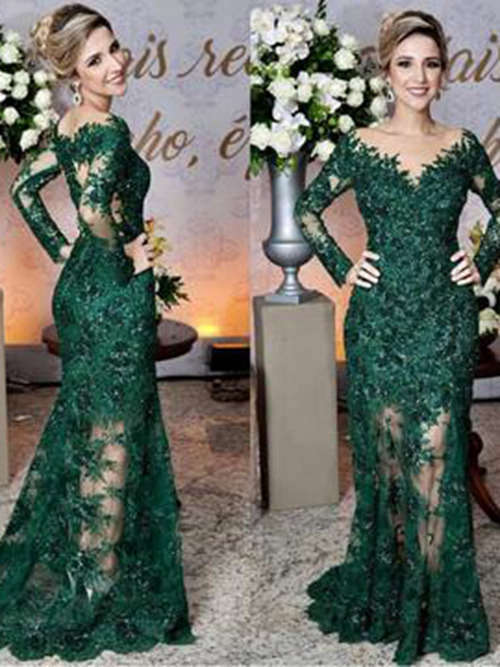 Mermaid V Neck Lace Long Sleeves Evening Gown