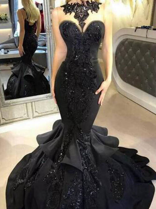 Mermaid Sweetheart Satin Black Evening Gown Applique