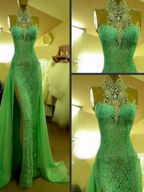 Mermaid High Neck Chiffon Lace Evening Gown Beads
