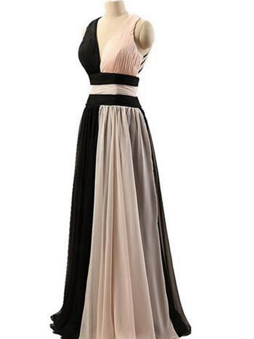 A-line V Neck Chiffon Black White Long Evening Dress