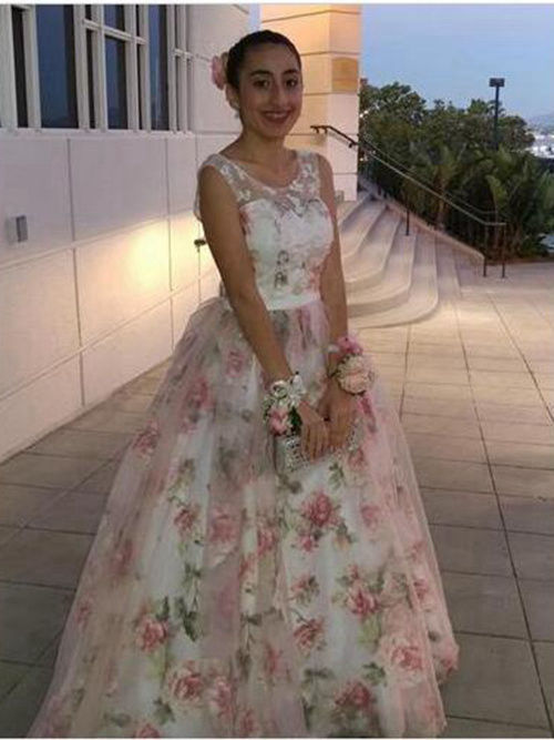 A-line Scoop Chiffon Long Floral Evening Dress