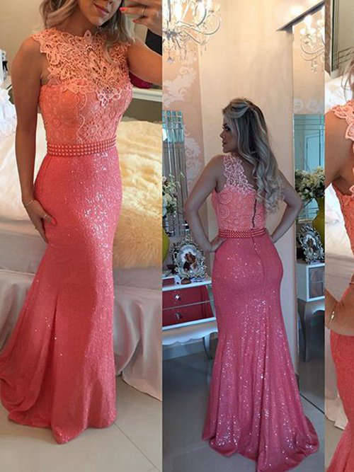Mermaid Jewel Lace Evening Gown Pearls