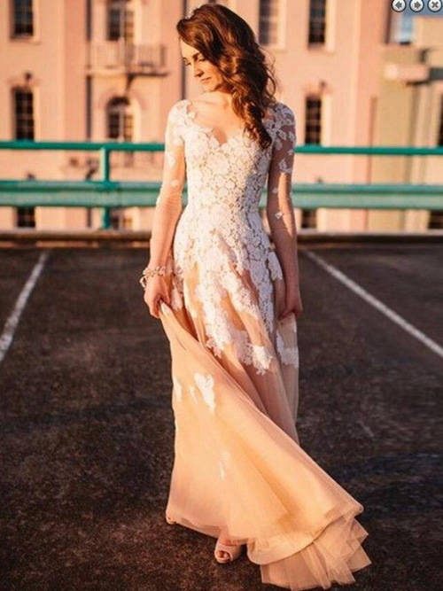 Mermaid V Neck Tulle Lace Long Evening Dress