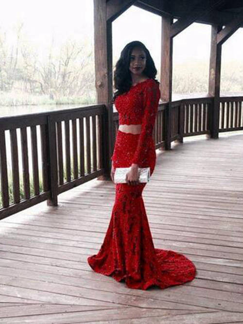 Mermaid Scoop 2 Piece Long Sleeves Lace Evening Gown