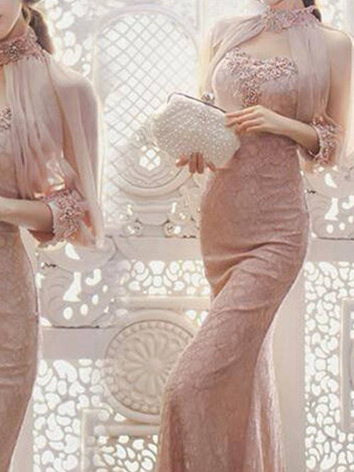 Mermaid High Neck Long Lace Evening Dress Applique