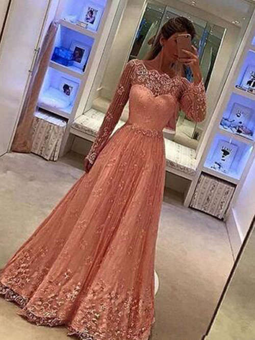 A-line Sheer Lace Long Sleeves Evening Dress