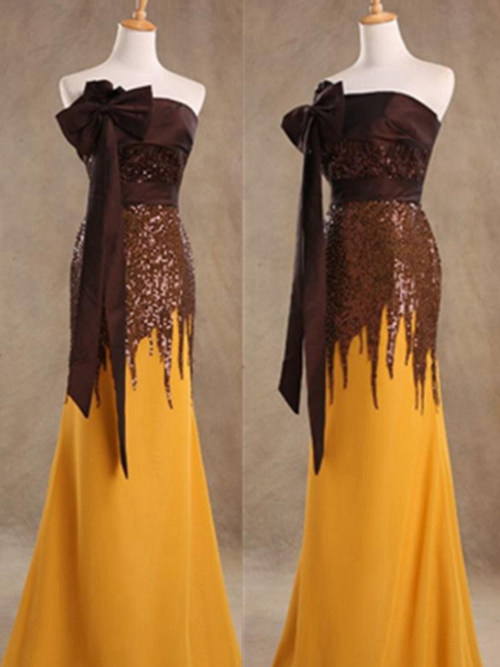 Mermaid Strapless Chiffon Evening Dress Sequins Bowknot