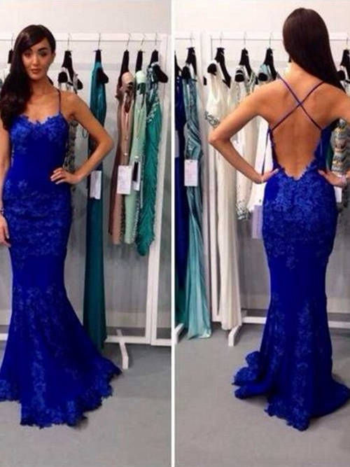 Mermaid Spaghetti Straps Lace Long Evening Dress