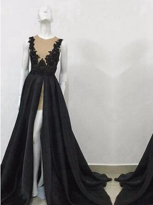 A-line Sheer Long Lace Chiffon Evening Dress