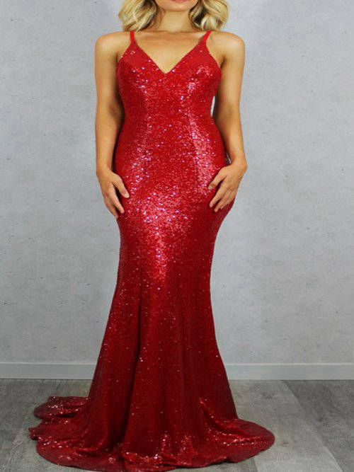 Mermaid V Neck Sequins Evening Gown