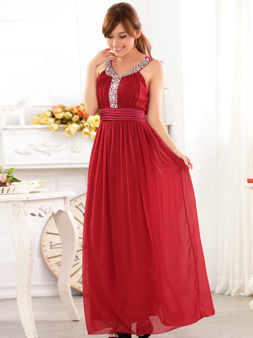 A-line Straps Floor Length Chiffon Red Evening Dress Beads