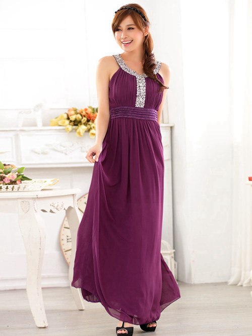 A-line Straps Floor Length Chiffon Purple Evening Dress Beads