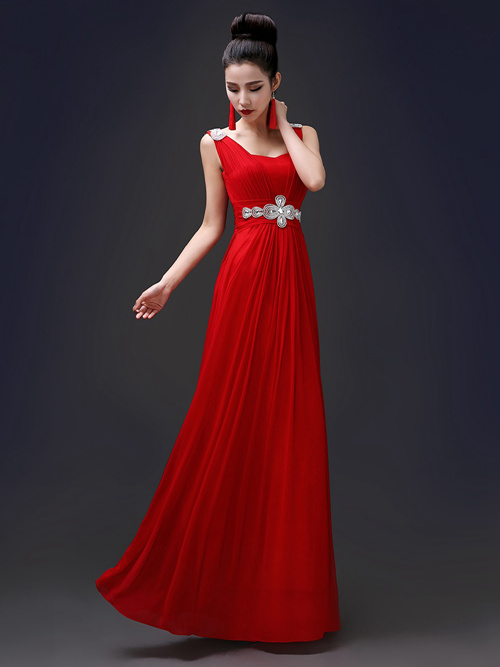 A-line Straps Chiffon Red Evening Dress Beads