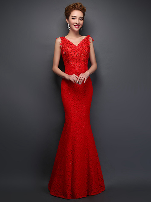 Mermaid V Neck Red Lace Evening Dress