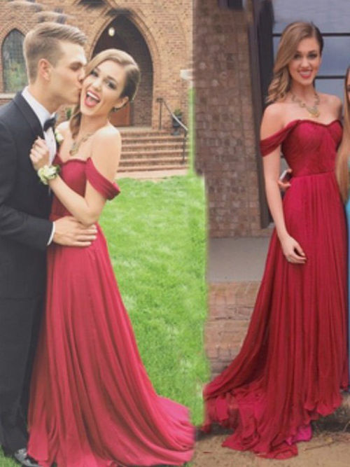 A-line Off Shoulder Chiffon Red Evening Gown