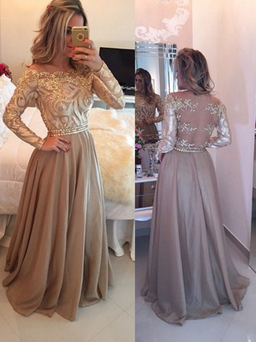 A-line Off Shoulder Satin Sleeves Evening Gown Beads