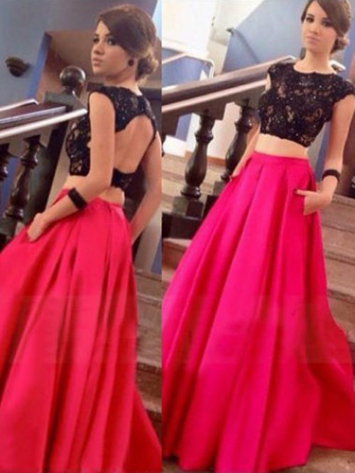 A-line Jewel Red Satin Black Lace 2 Piece Evening Gown