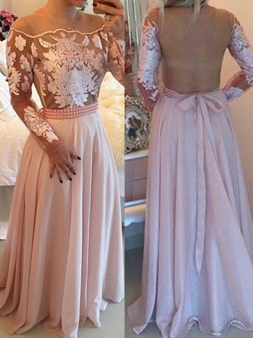 A-line Off Shoulder Satin Lace Sleeves Evening Gown Pearls