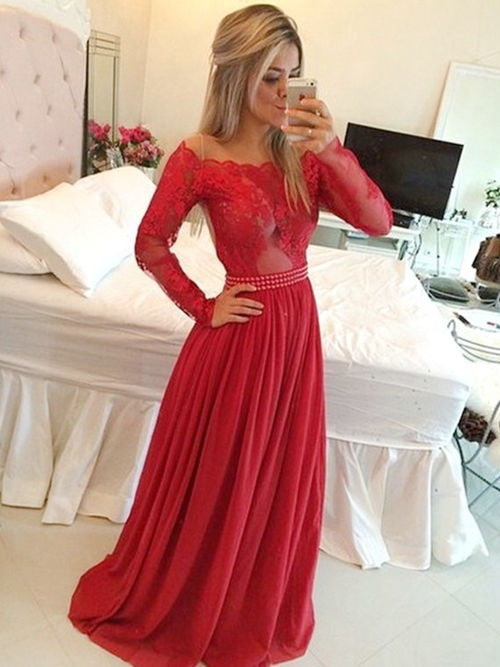 A-line Off Shoulder Lace Sleeves Chiffon Red Evening Dress