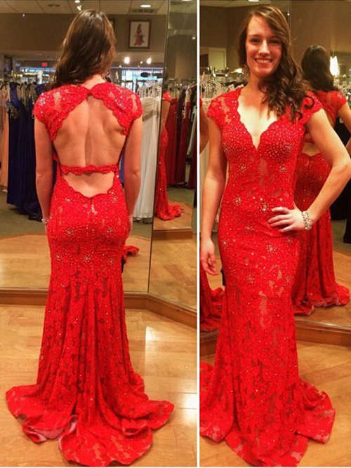 Mermaid Straps Red Lace Evening Gown