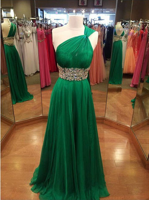 A-line One Shoulder Chiffon Evening Gown Beads