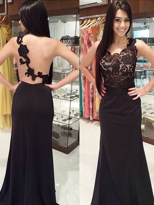 Mermaid One Shoulder Lace Satin Black Evening Gown