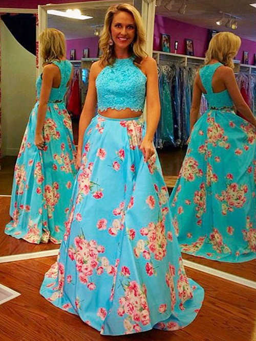 A-line Jewel Satin 2 Piece Lace Evening Dress