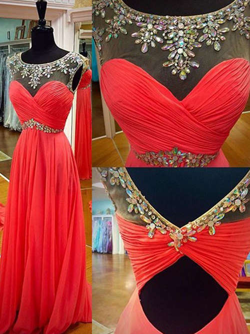 A-line Scoop Chiffon Evening Gown Beads