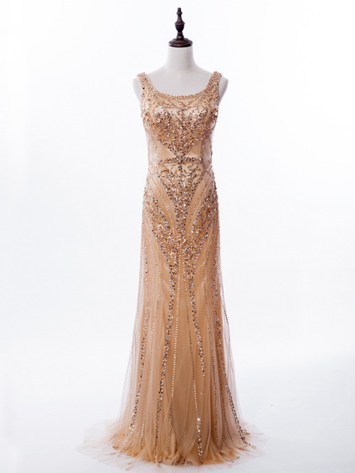 Mermaid Straps Tulle Gold Evening Dress Sequins