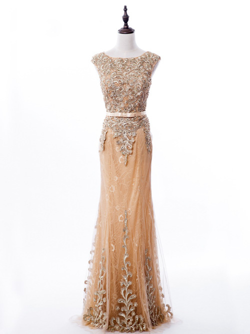 Mermaid Bateau Lace Gold Evening Gown Beads