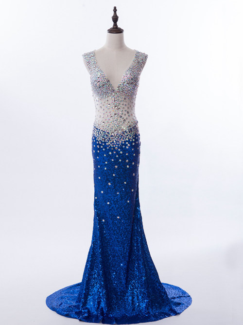 Mermaid Straps Sequins Navy Evening Gown Beads