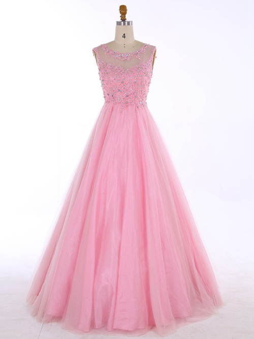 A-line Scoop Tulle Evening Dress Applique Beads