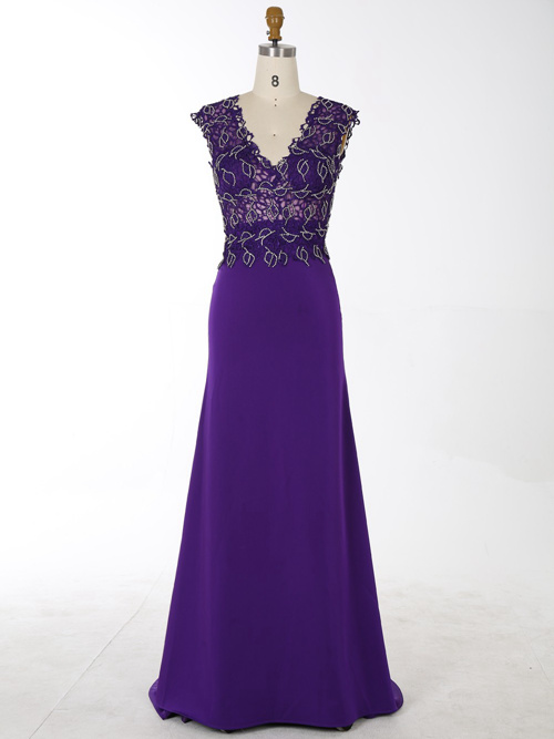 Mermaid V Neck Satin Lace Purple Evening Gown