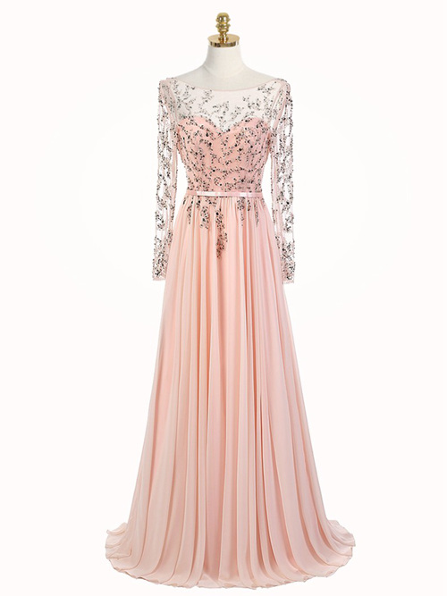 A-line Bateau Chiffon Sleeves Evening Gown Beads
