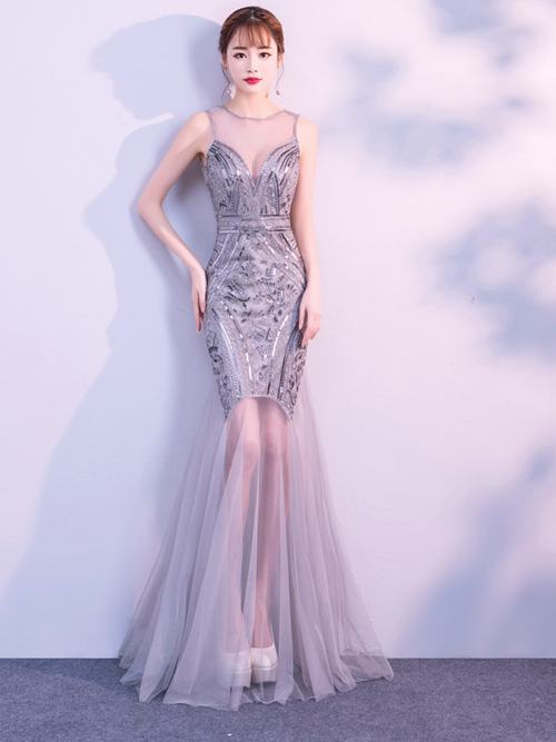 Mermaid Sheer Tulle Silver Evening Dress