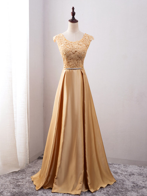 A-line Scoop Lace Satin Gold Evening Dress