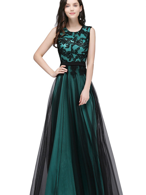 A-line Jewel Tulle Evening Dress Applique