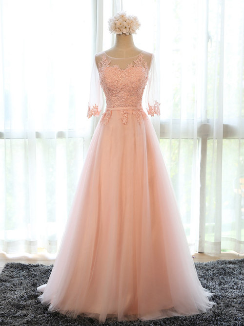 A-line Scoop Tulle Sleeves Evening Gown Applique