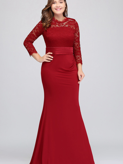 Mermaid Jewel Lace Sleeves Satin Plus Size Evening Gown