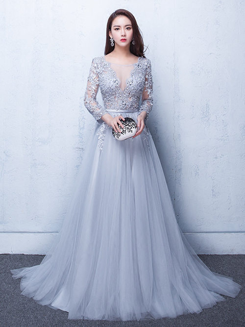 A-line Sheer Lace Sleeves Tulle Evening Gown