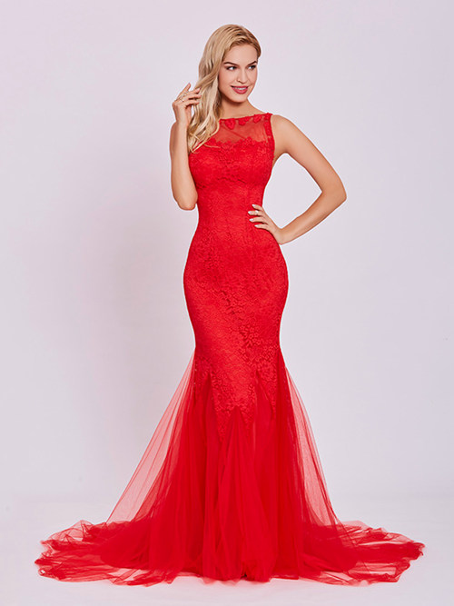 Mermaid Sheer Tulle Lace Red Evening Gown