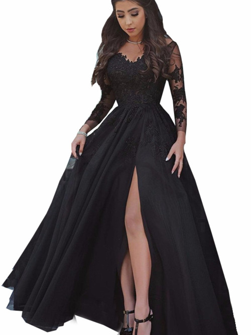 A-line V Neck Organza Lace Sleeves Evening Gown Slit