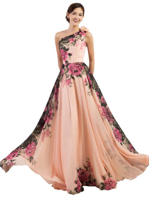 A-line One Shoulder Chiffon Floral Evening Gown