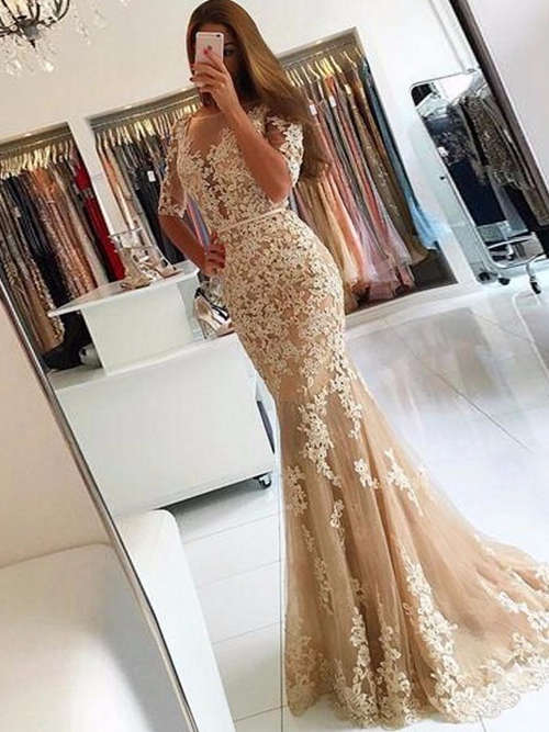 Mermaid Sheer Tulle Sleeves Evening Gown Applique