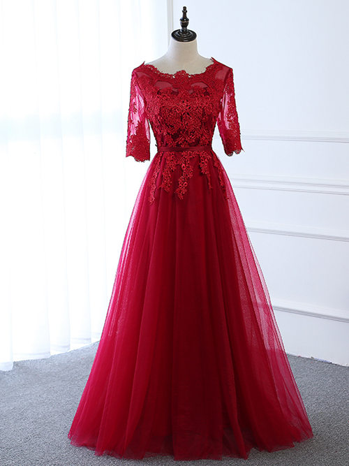 A-line Scoop Tulle Lace Sleeves Burgundy Evening Dress