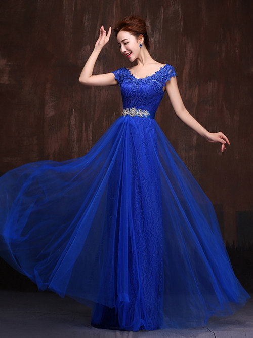 A-line V Neck Tulle Lace Evening Dress Beads