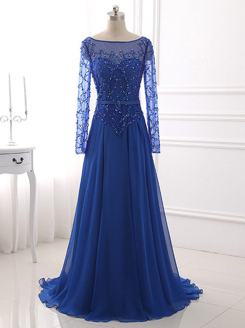 A-line Bateau Chiffon Sleeves Blue Evening Gown Beads