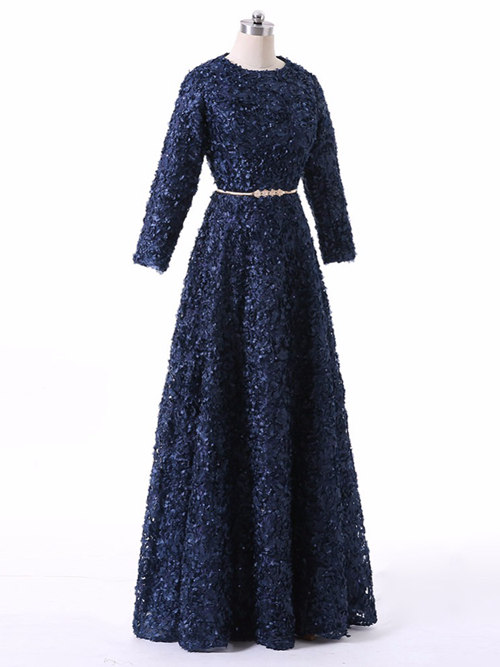 A-line Jewel Lace Sleeves Floral Evening Gown