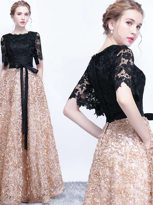 A-line Scoop Lace Sleeves Evening Dress Sash
