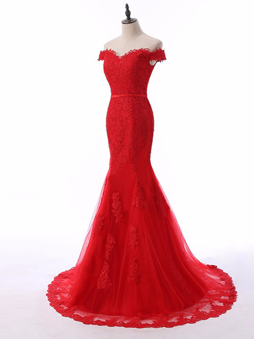 Mermaid Off Shoulder Lace Red Evening Dress